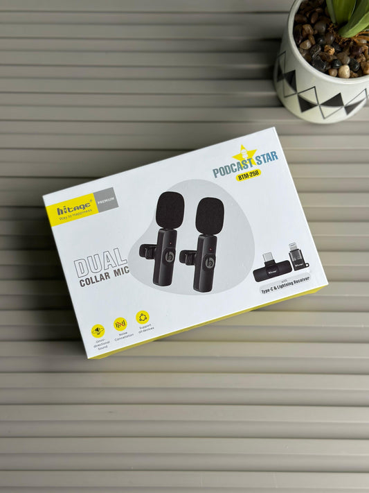Hitage Premium Dual Wireless Collar Mic – Podcast Star BTM-258 For Type-C & Lightning Devices | Ideal for Vlogging, Interviews, YouTube, Reels, and Classes